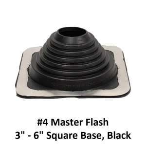 #4 Master Flash pipe flashing, 3″–6″, black EPDM on a square base