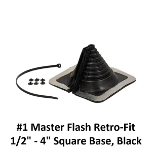 #1 Master Flash retro-fit pipe flashing, 1/2″–4″, black EPDM on a square base