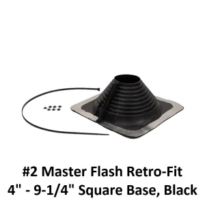 #2 Master Flash retro-fit pipe flashing, 4″–9-1/4″, black EPDM on a square base