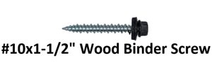 #10 x 1-1/2 inch wood binder screw with a hex head and sealing washer