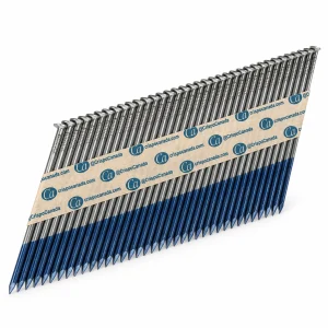 A paper-collated strip of 3¼-inch framing nails with blue-coated tips on a white background
